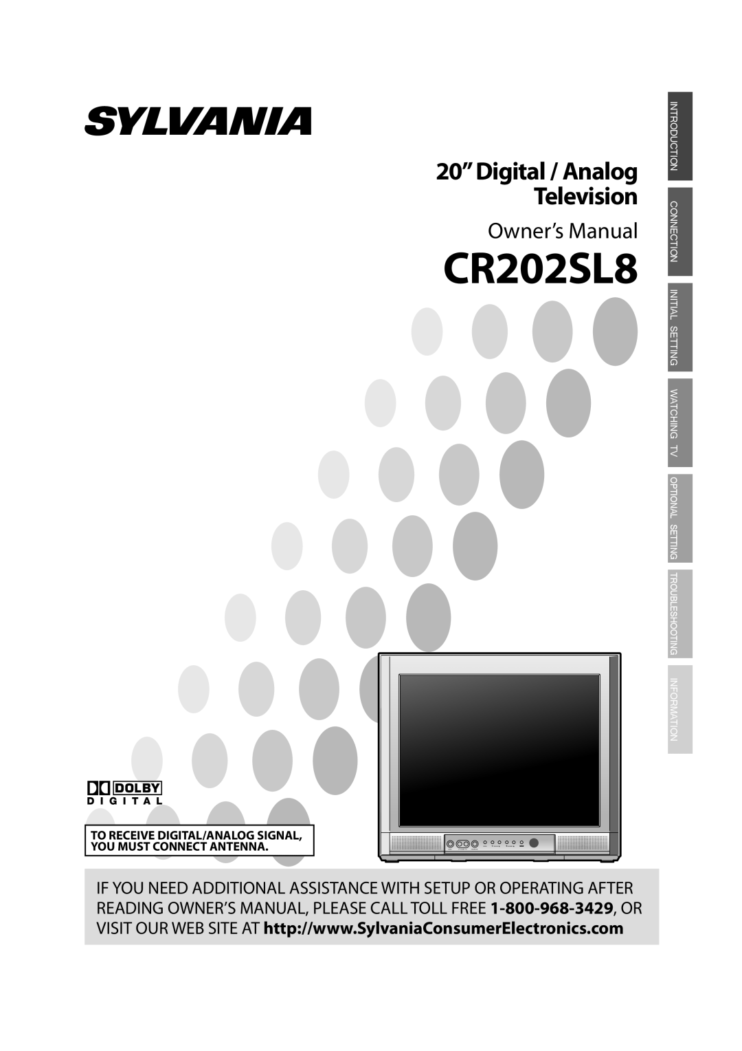 Sylvania CR202SL8 owner manual Owner’s Manual, 20”Digital / Analog Television 