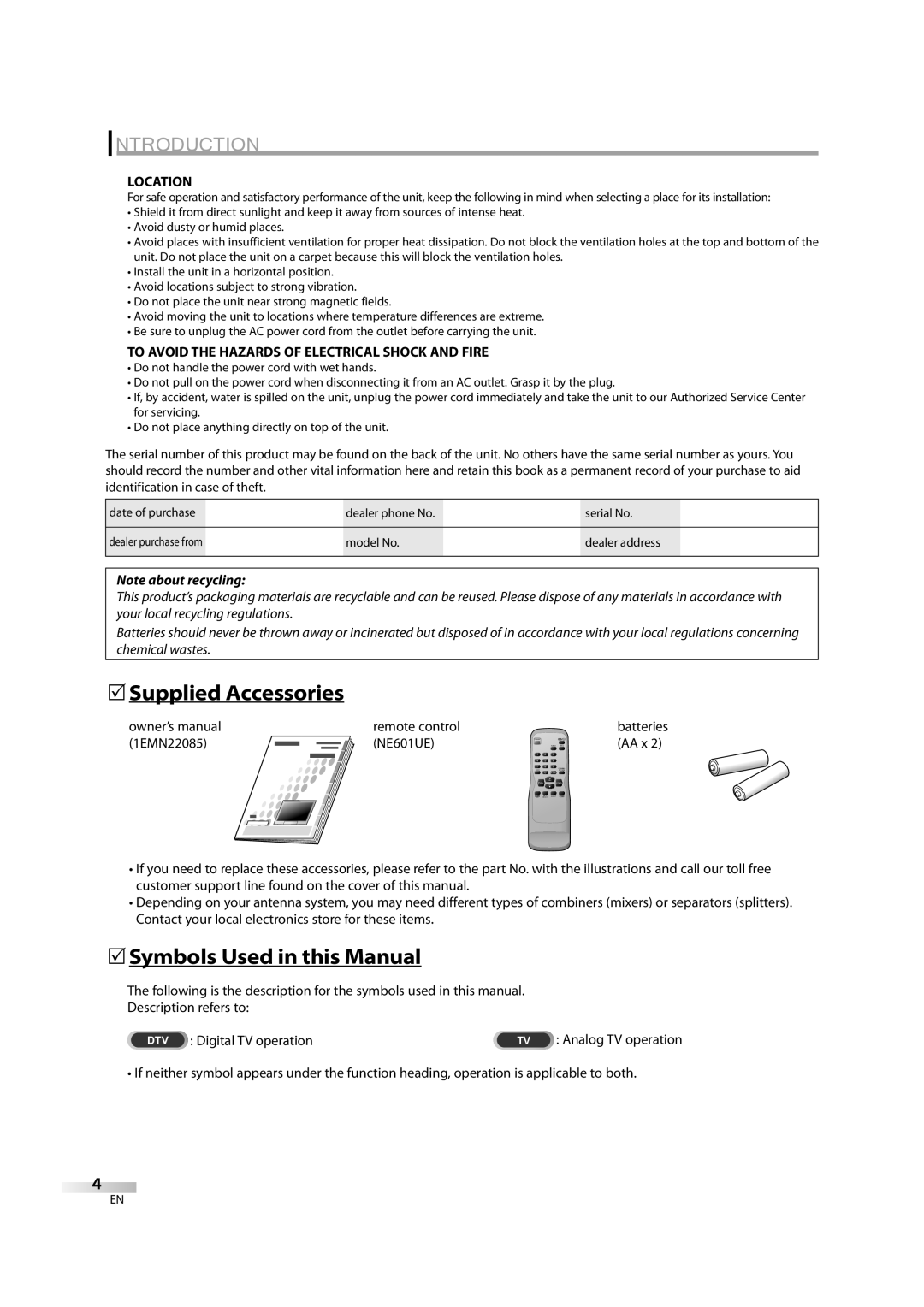 Sylvania CR202SL8 5Supplied Accessories, 5Symbols Used in this Manual, Introduction, Location, Note about recycling 