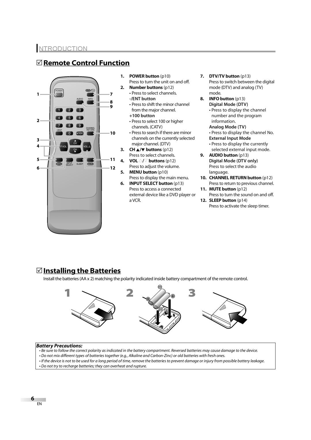 Sylvania CR202SL8 5Remote Control Function, 5Installing the Batteries, Introduction, Battery Precautions, POWER button p10 