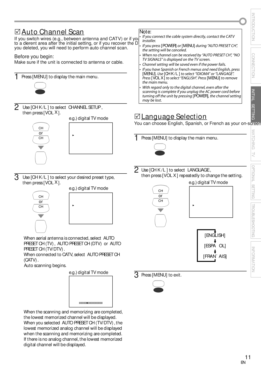 Sylvania CR202SL8 owner manual 5Auto Channel Scan, 5Language Selection, English Español Français 