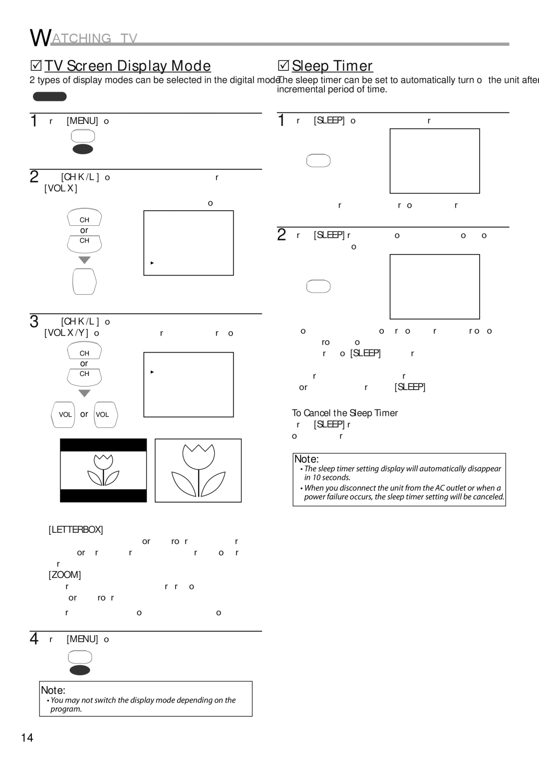 Sylvania CR202SL8 owner manual 5TV Screen Display Mode, 5Sleep Timer, To Cancel the Sleep Timer 