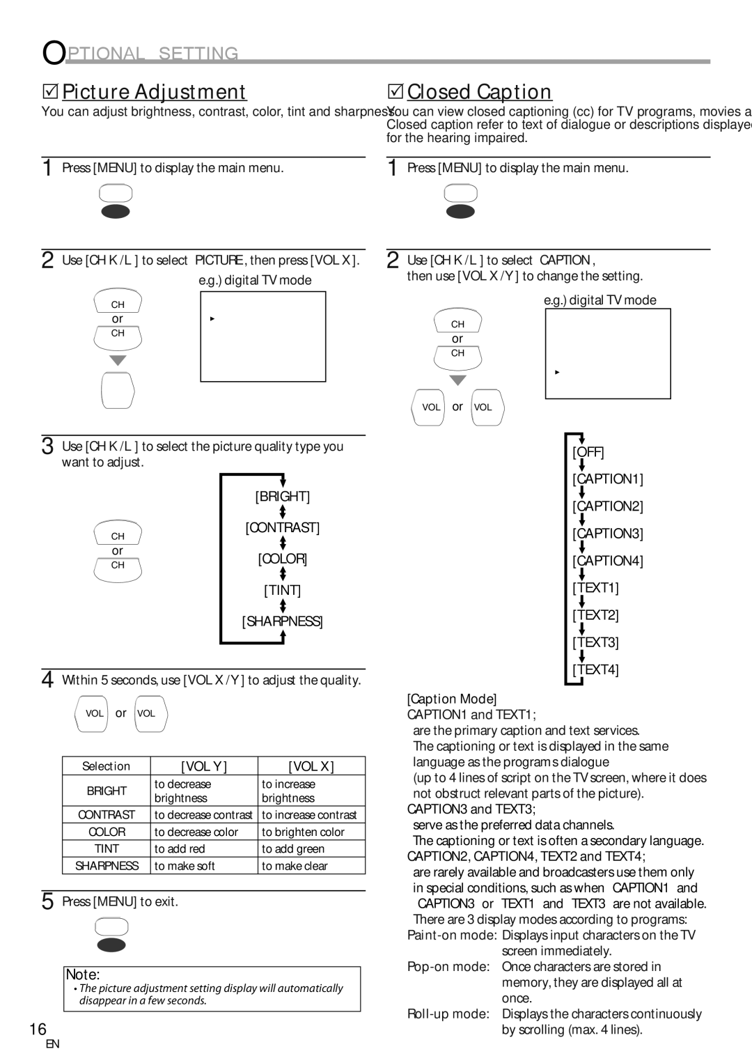 Sylvania CR202SL8 owner manual 5Picture Adjustment, Bright, Tint, CAPTION1 and TEXT1 