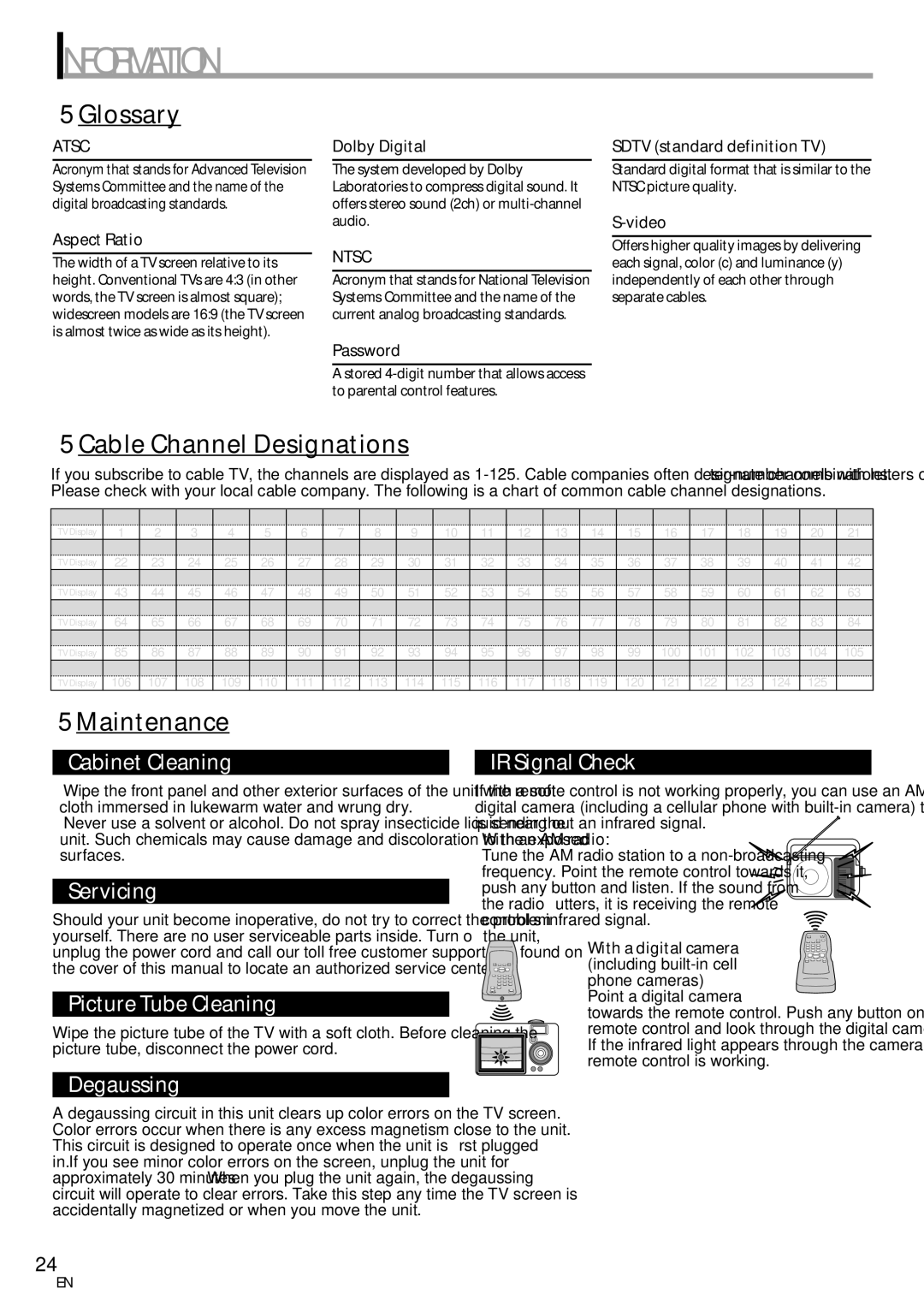 Sylvania CR202SL8 owner manual Information, Glossary, 5Cable Channel Designations, Maintenance 