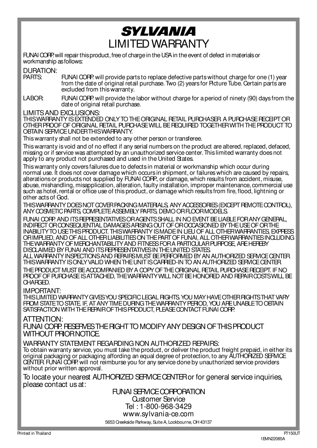 Sylvania CR202SL8 owner manual Limited Warranty 