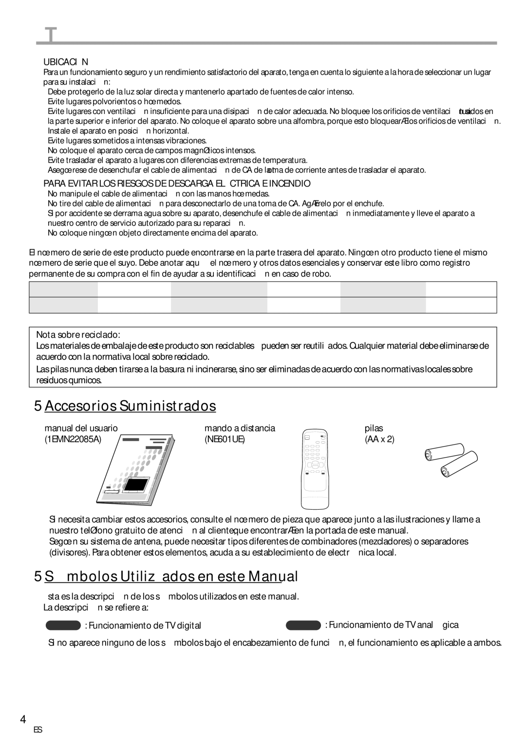 Sylvania CR202SL8 owner manual 5Accesorios Suministrados, 5Símbolos Utilizados en este Manual, Ubicación 