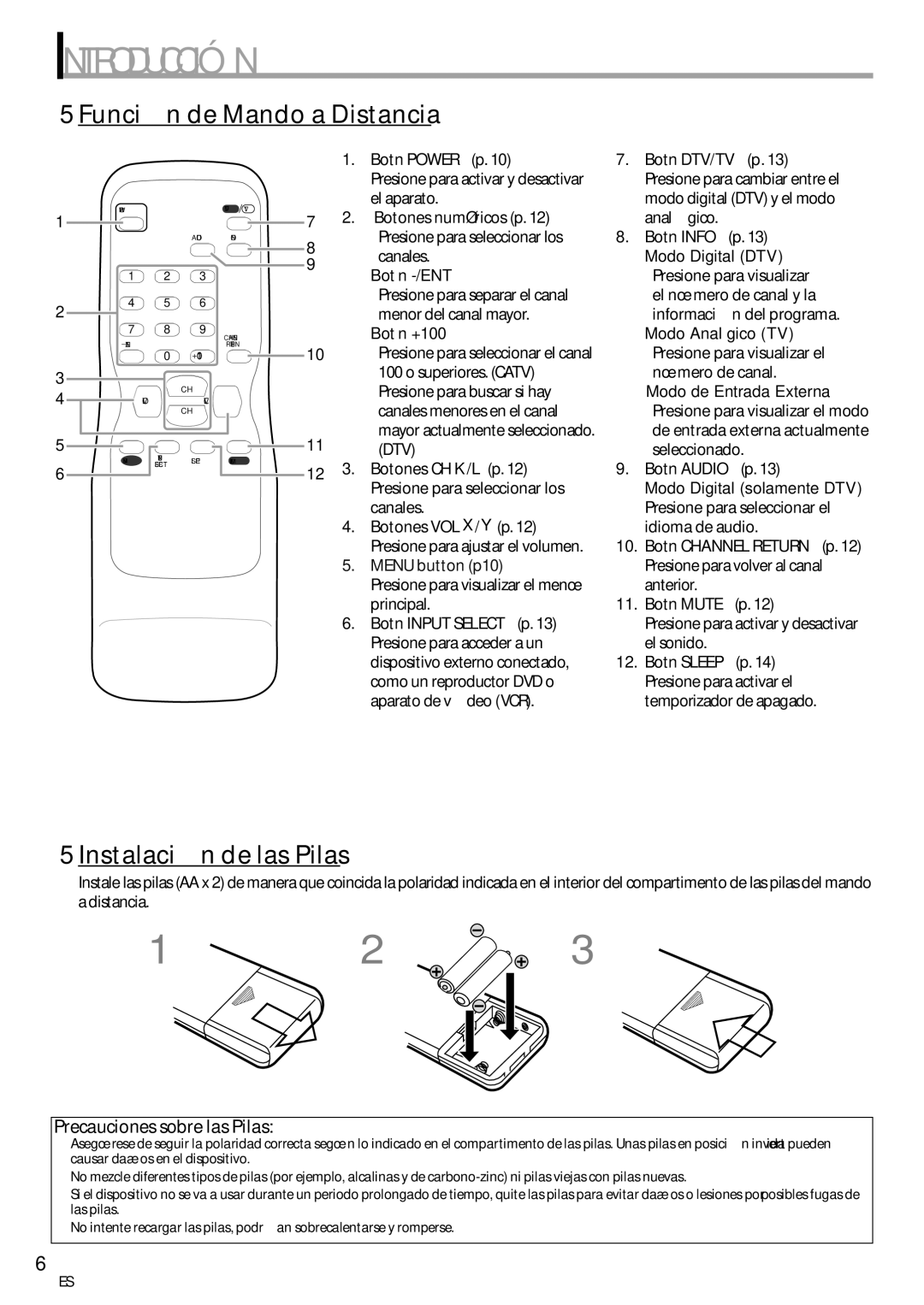 Sylvania CR202SL8 owner manual 5Función de Mando a Distancia, 5Instalación de las Pilas 