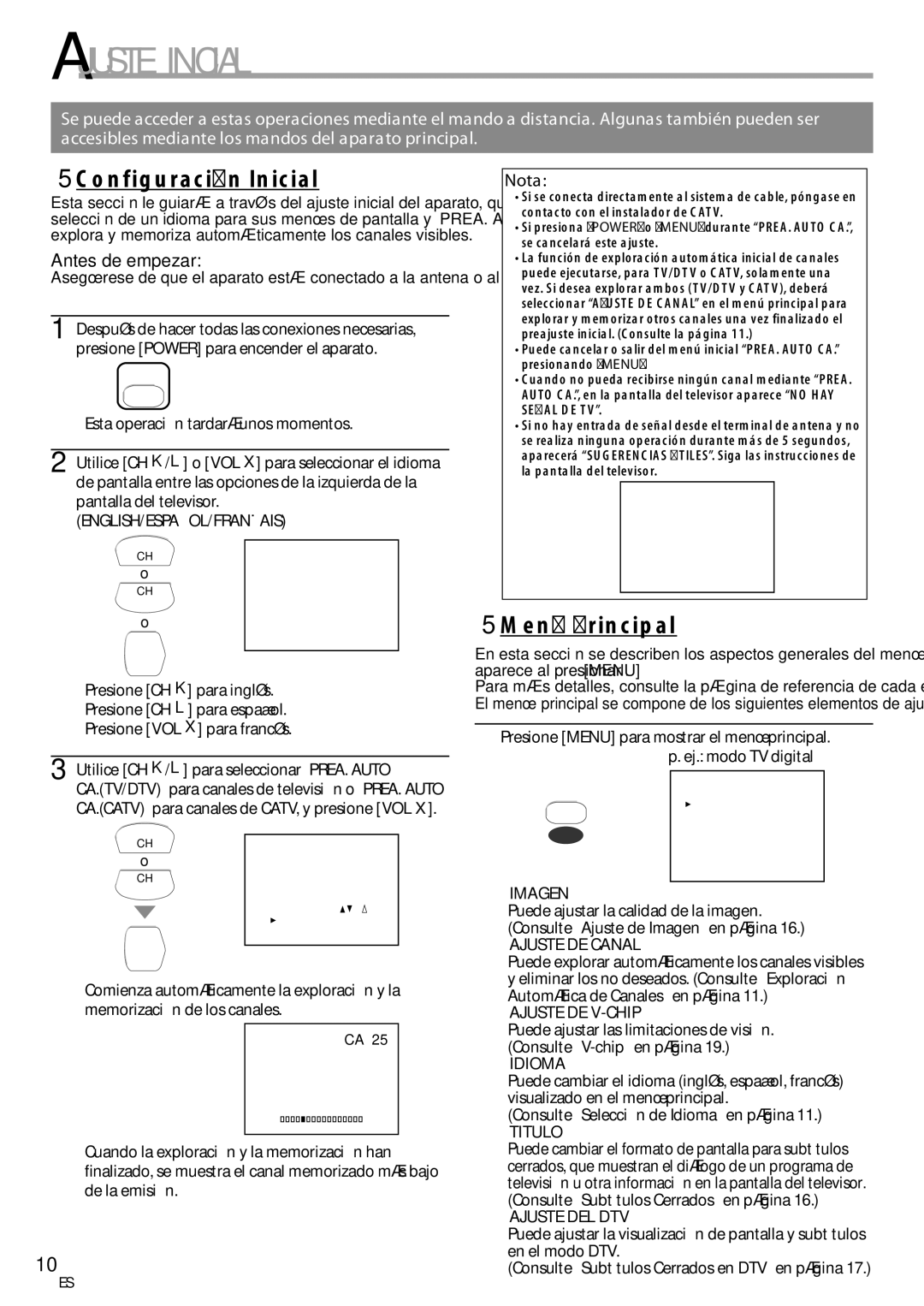 Sylvania CR202SL8 owner manual Ajuste Inicial, 5Configuración Inicial, 5Menú Principal 