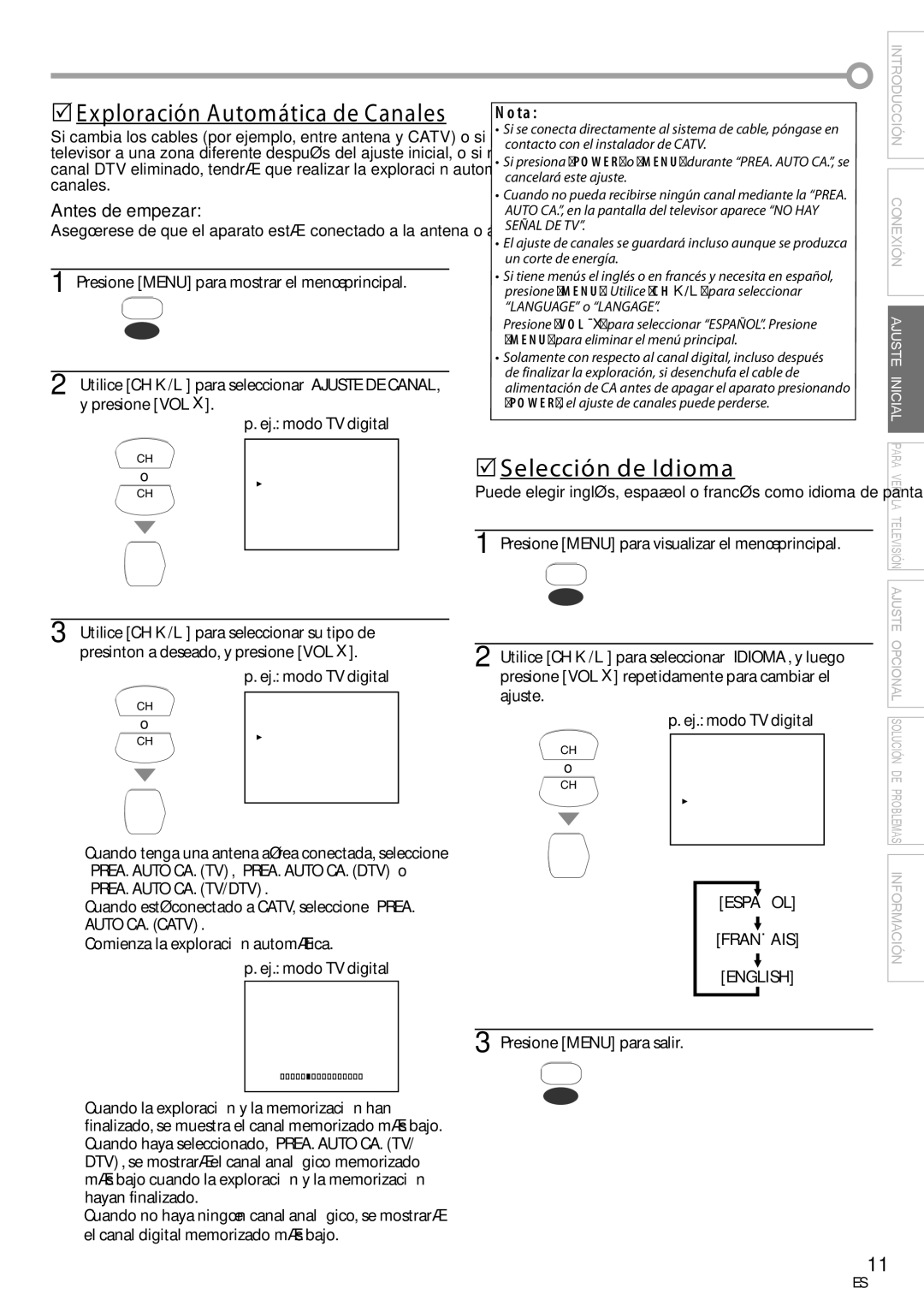 Sylvania CR202SL8 owner manual Presione Menu para mostrar el menú principal, Presione Menu para salir 