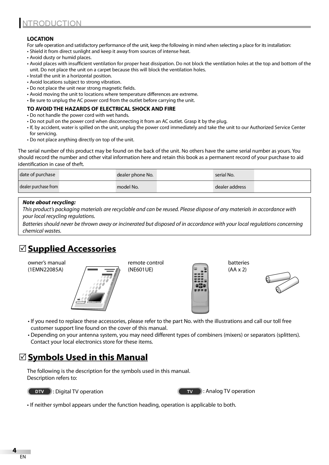 Sylvania CR202SL8 owner manual 5Supplied Accessories, 5Symbols Used in this Manual, Location, 1EMN22085A NE601UE 