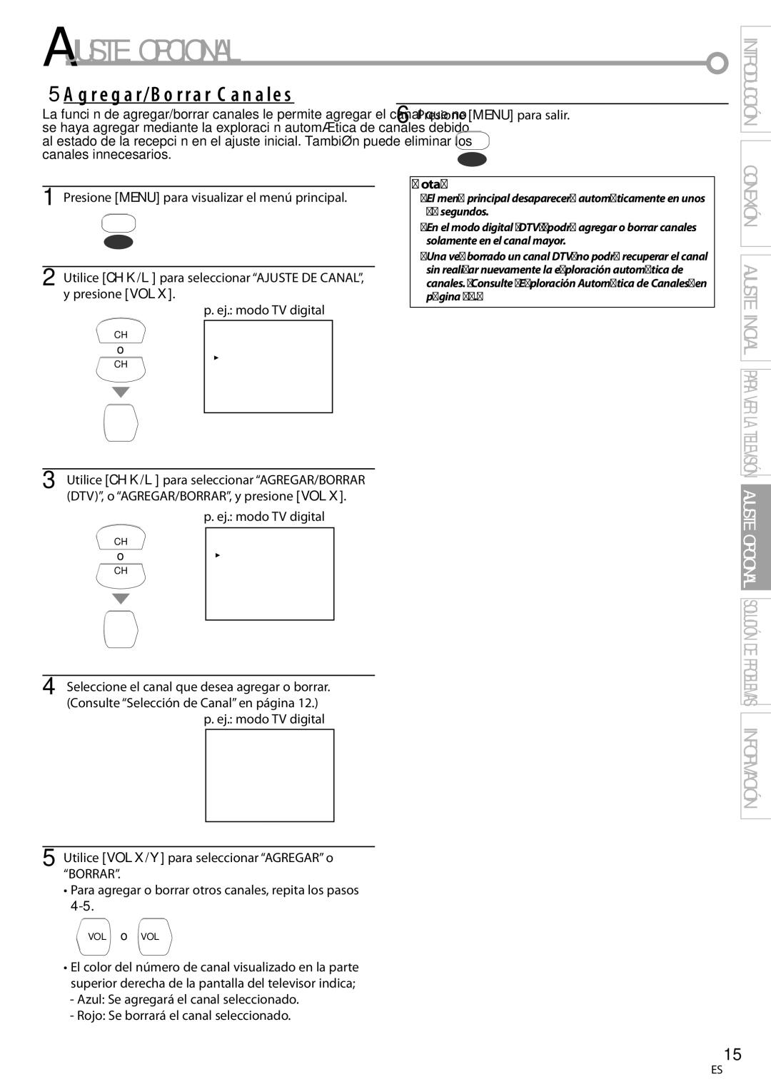 Sylvania CR202SL8 owner manual Ajuste Opcional, 5Agregar/Borrar Canales, Presione Menu para visualizar el menú principal 