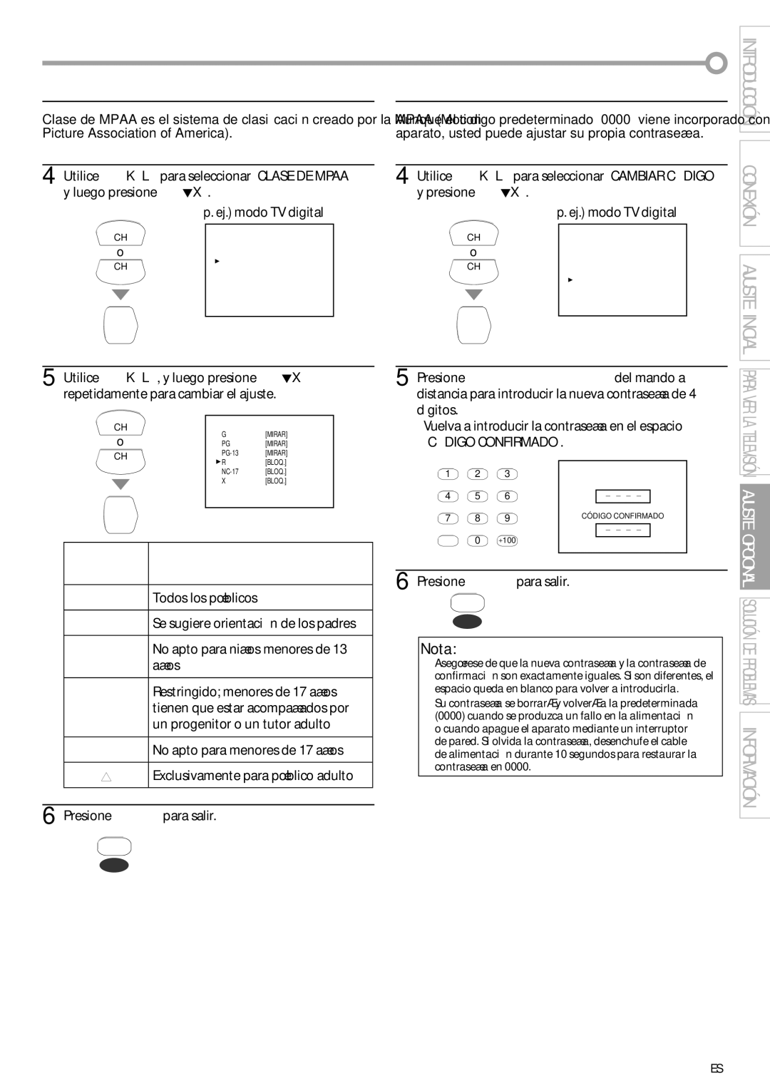 Sylvania CR202SL8 owner manual Selección Explicaciones de categorías de Clasificación 