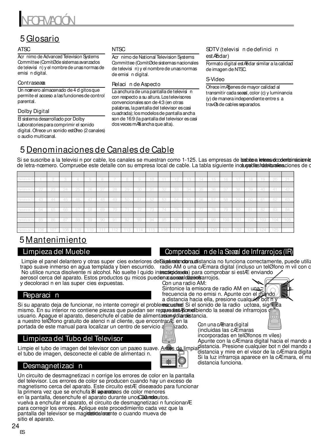 Sylvania CR202SL8 owner manual Información, Glosario, 5Denominaciones de Canales de Cable, Mantenimiento 