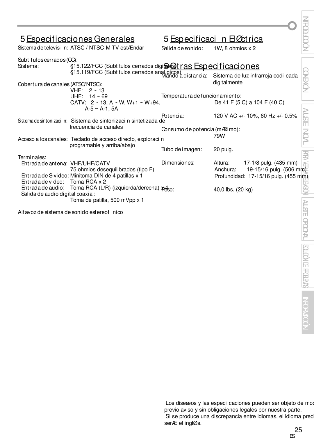 Sylvania CR202SL8 owner manual 5Especificaciones Generales, 5Especificación Eléctrica, 5Otras Especificaciones 