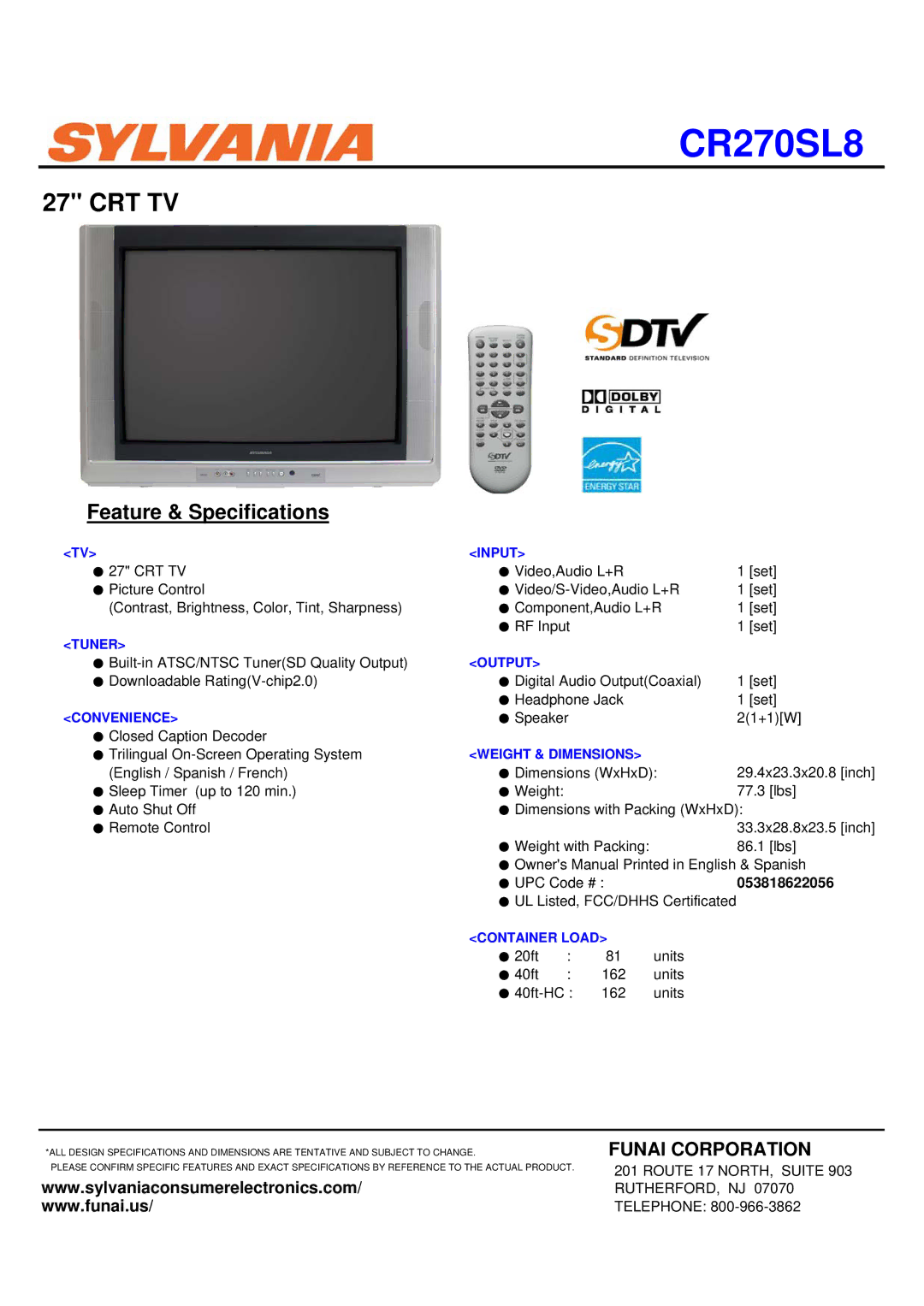 Sylvania CR270SL8 specifications Crt Tv, Feature & Specifications, Funai Corporation 