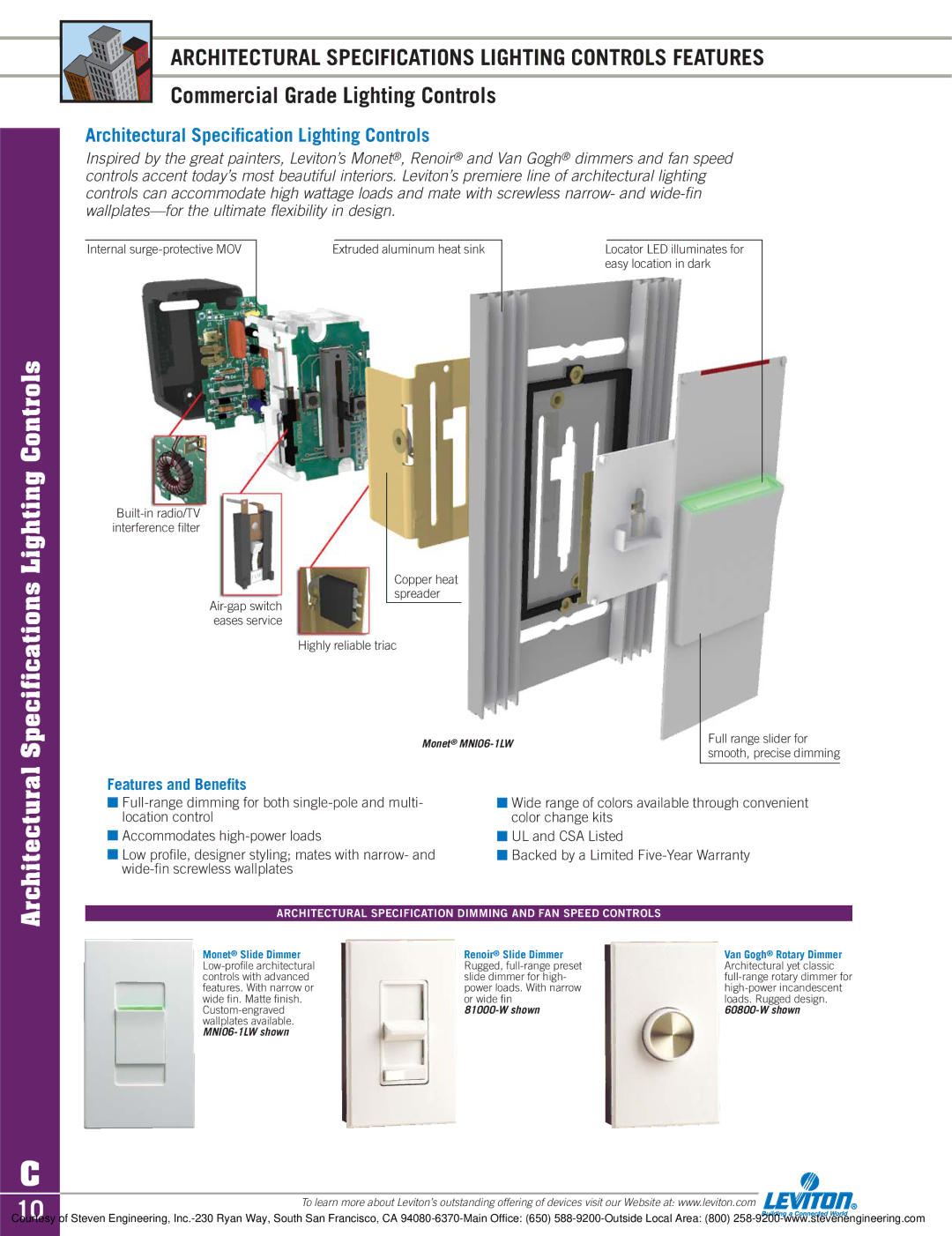 Sylvania D3208 dimensions Speciﬁcations Lighting Controls, Architectural Specifications Lighting Controls Features 