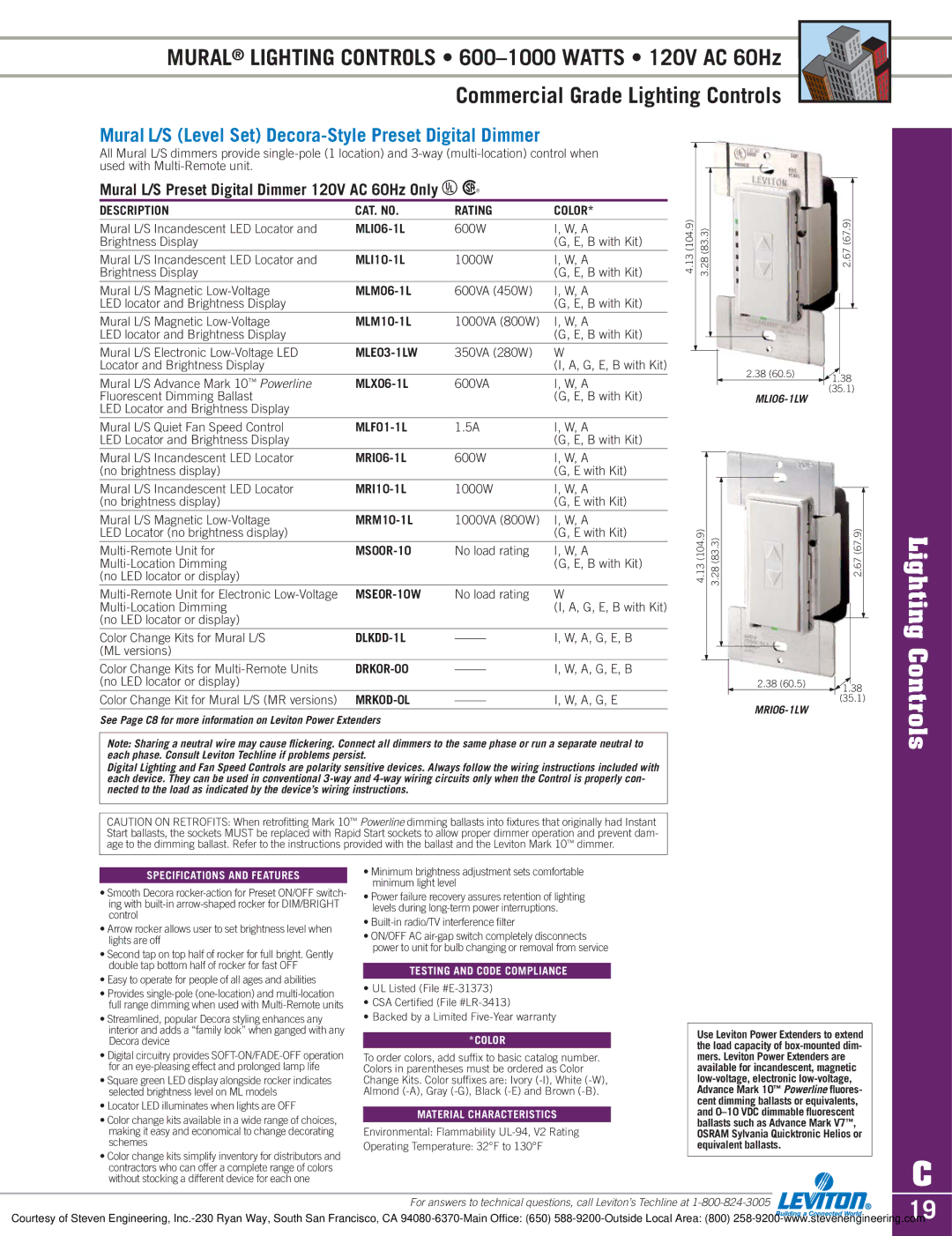 Sylvania D3208 dimensions Mural L/S Level Set Decora-Style Preset Digital Dimmer 