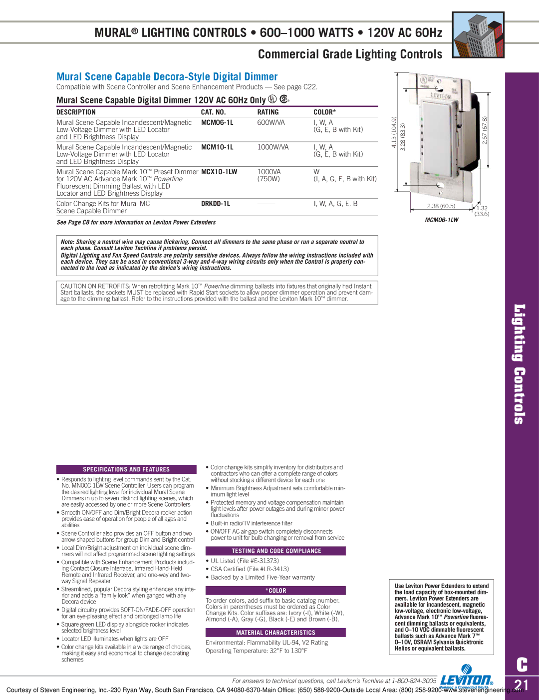 Sylvania D3208 dimensions Mural Scene Capable Decora-Style Digital Dimmer, MCM06-1L, MCM10-1L 