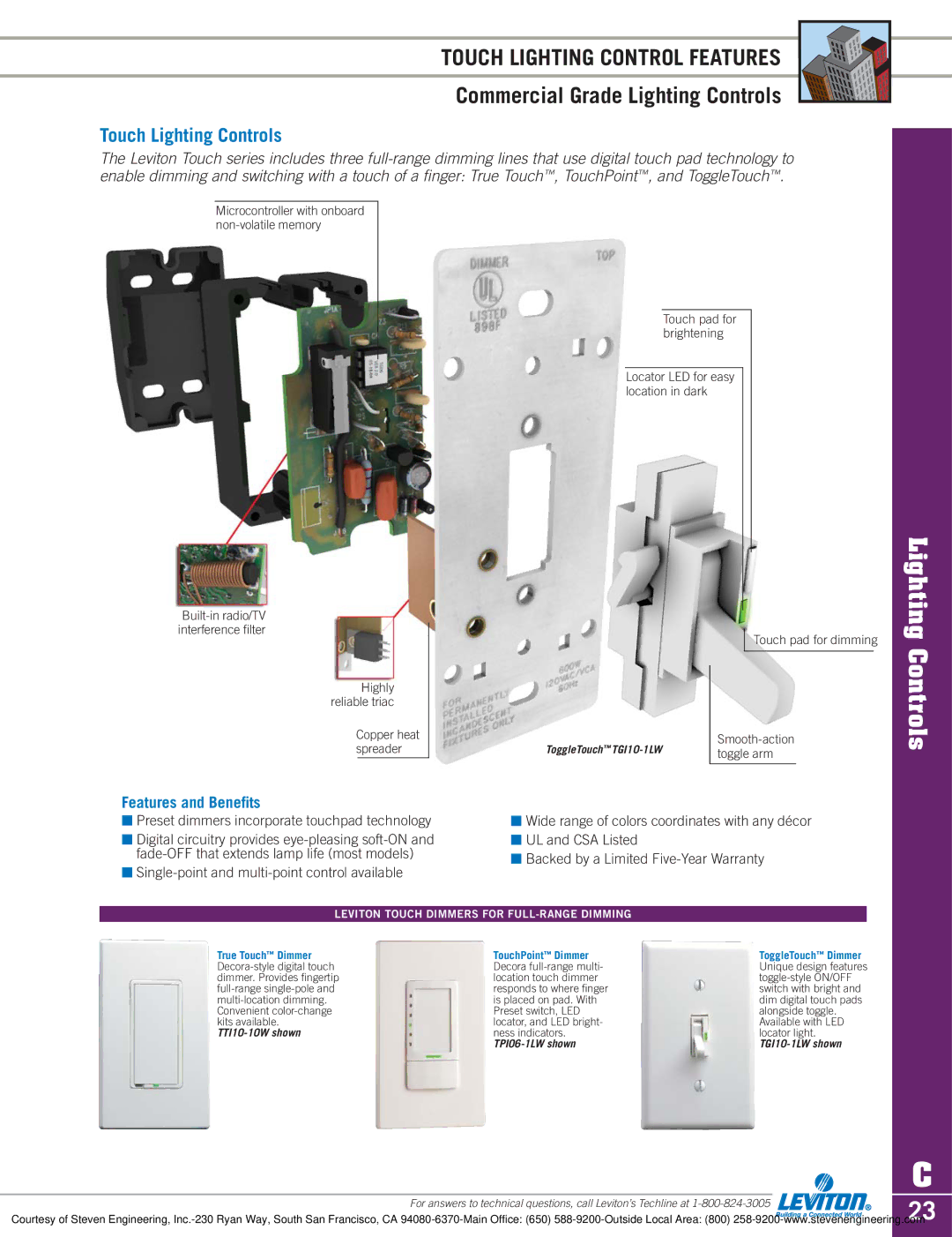 Sylvania D3208 dimensions Touch Lighting Control Features, Touch Lighting Controls, Touch pad for dimming 