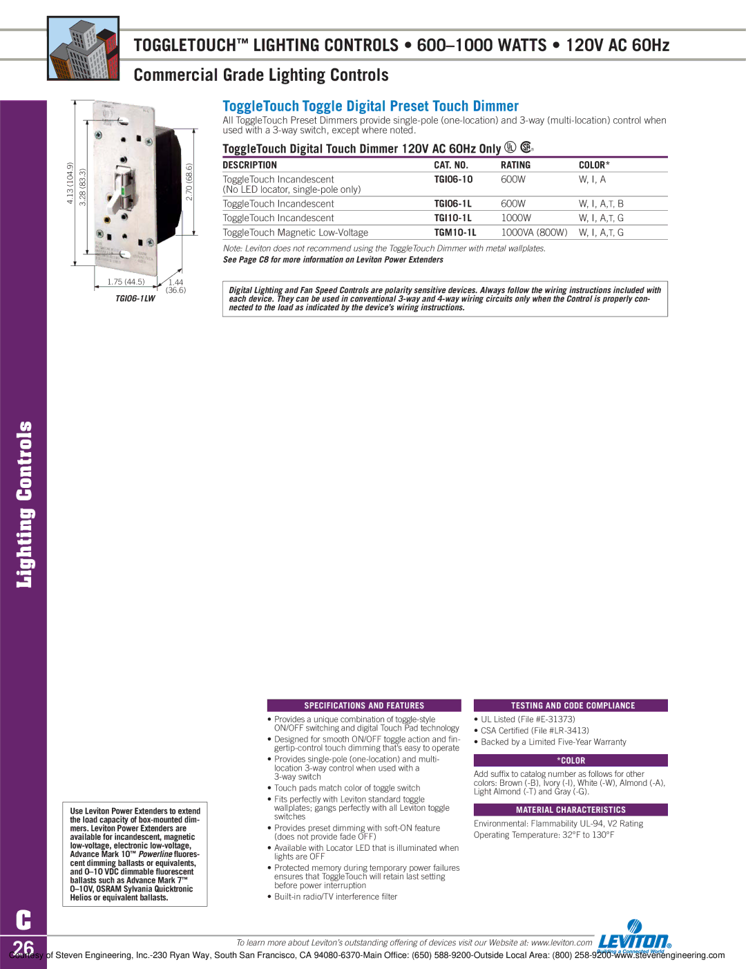 Sylvania D3208 ToggleTouch Toggle Digital Preset Touch Dimmer, ToggleTouch Digital Touch Dimmer 120V AC 60Hz Only U R 