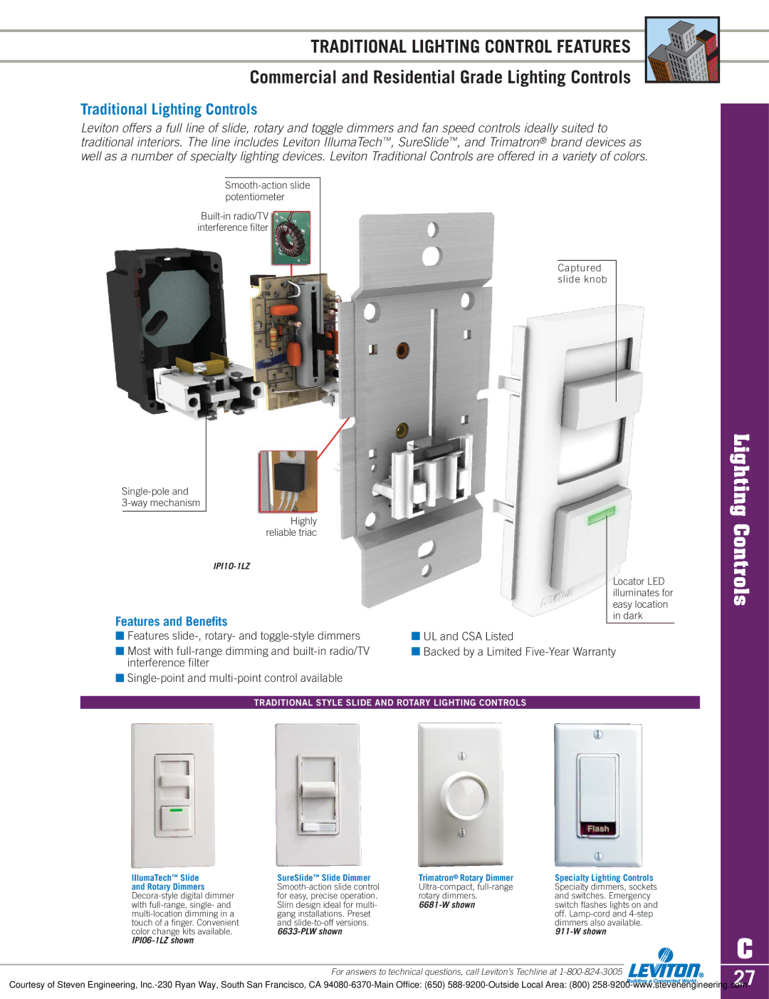 Sylvania D3208 Traditional Lighting Control Features, Traditional Lighting Controls, Smooth-action slide potentiometer 