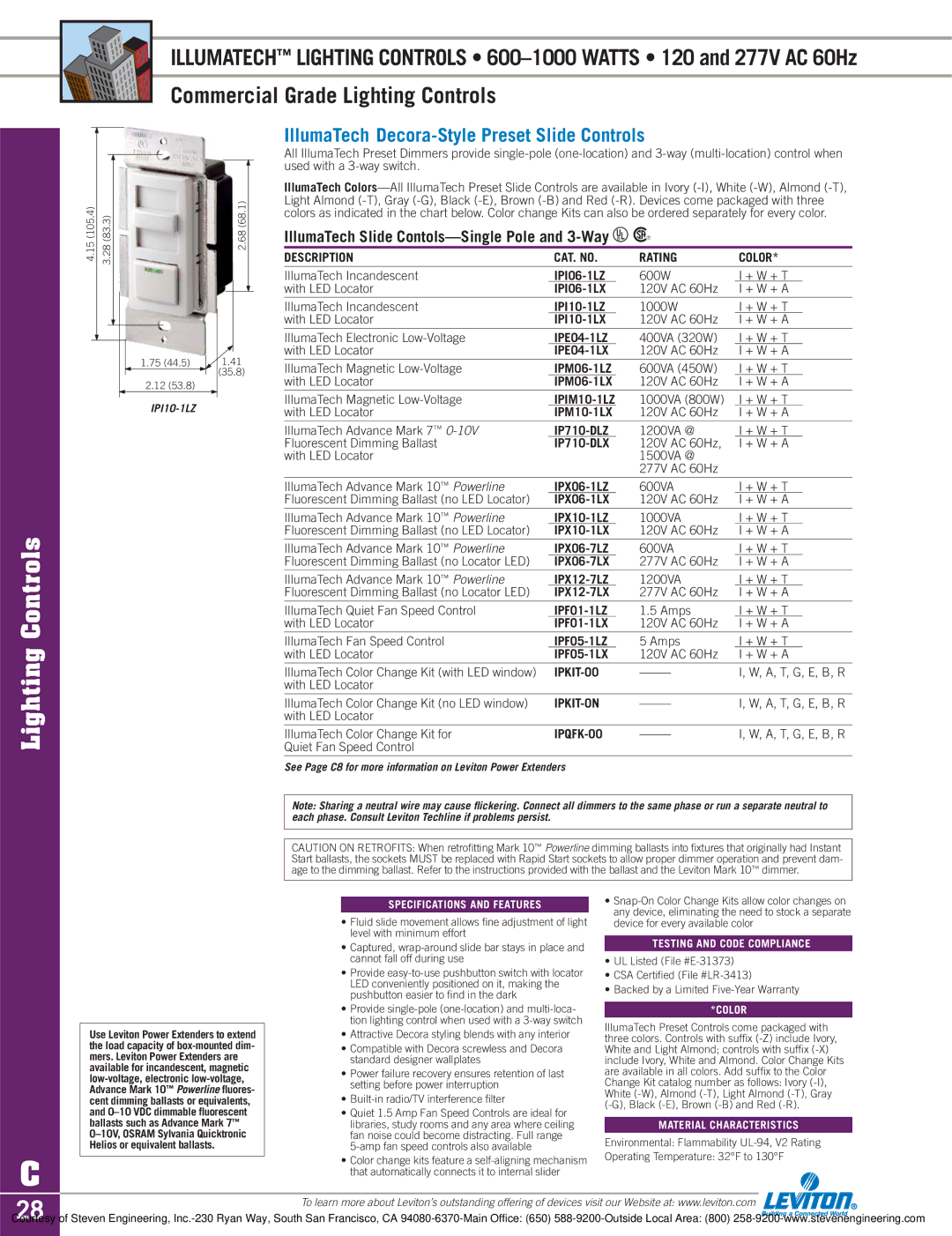 Sylvania D3208 dimensions IllumaTech Decora-Style Preset Slide Controls, IllumaTech Slide Contols-Single Pole and 3-Way U R 