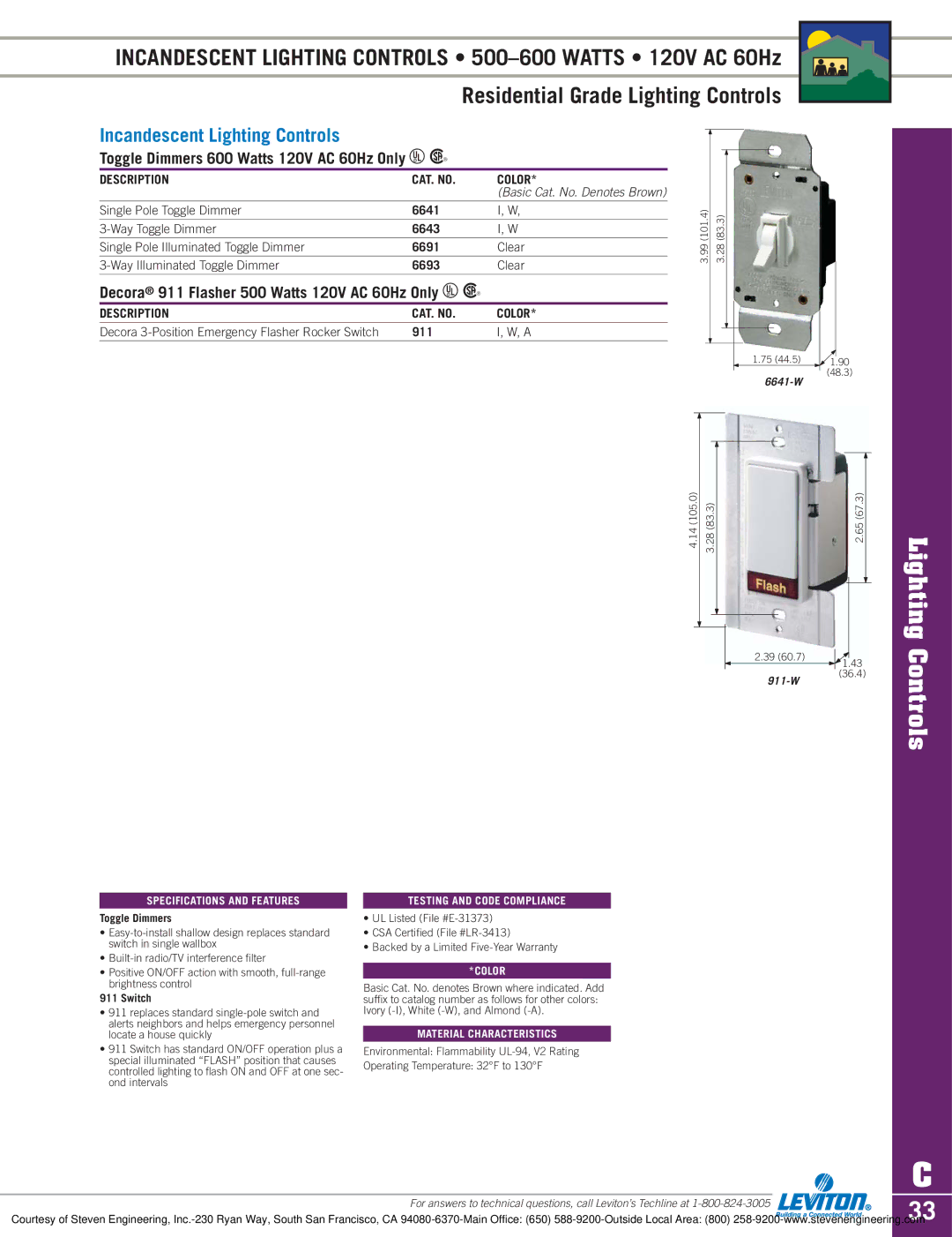 Sylvania D3208 dimensions Incandescent Lighting Controls, Toggle Dimmers 600 Watts 120V AC 60Hz Only U R 