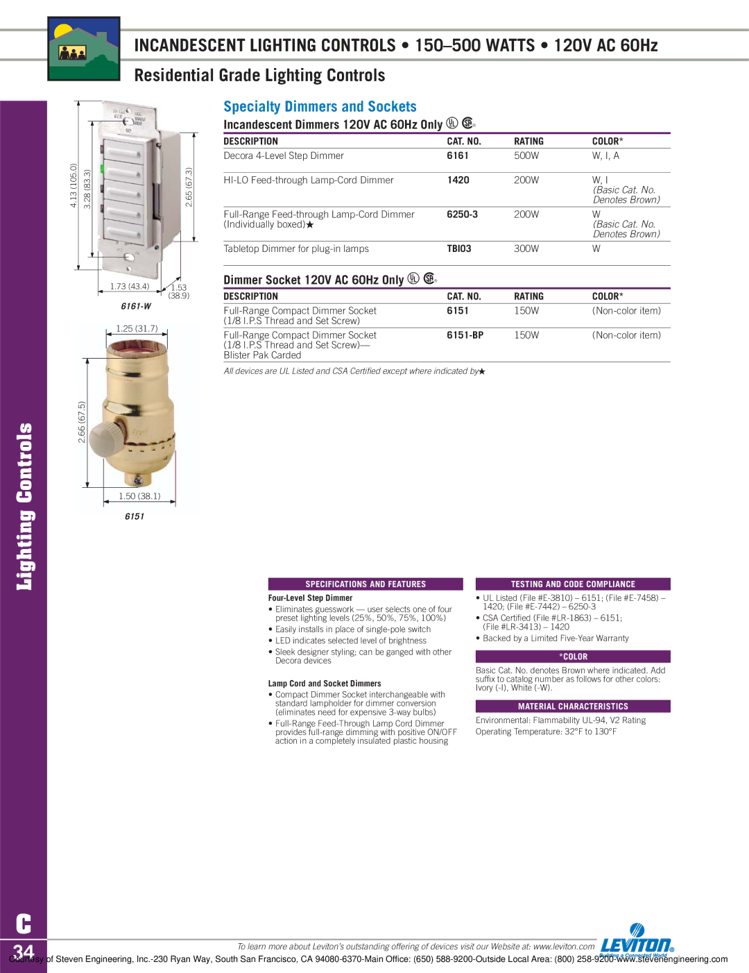 Sylvania D3208 dimensions Specialty Dimmers and Sockets, Incandescent Dimmers 120V AC 60Hz Only U R, TBI03 