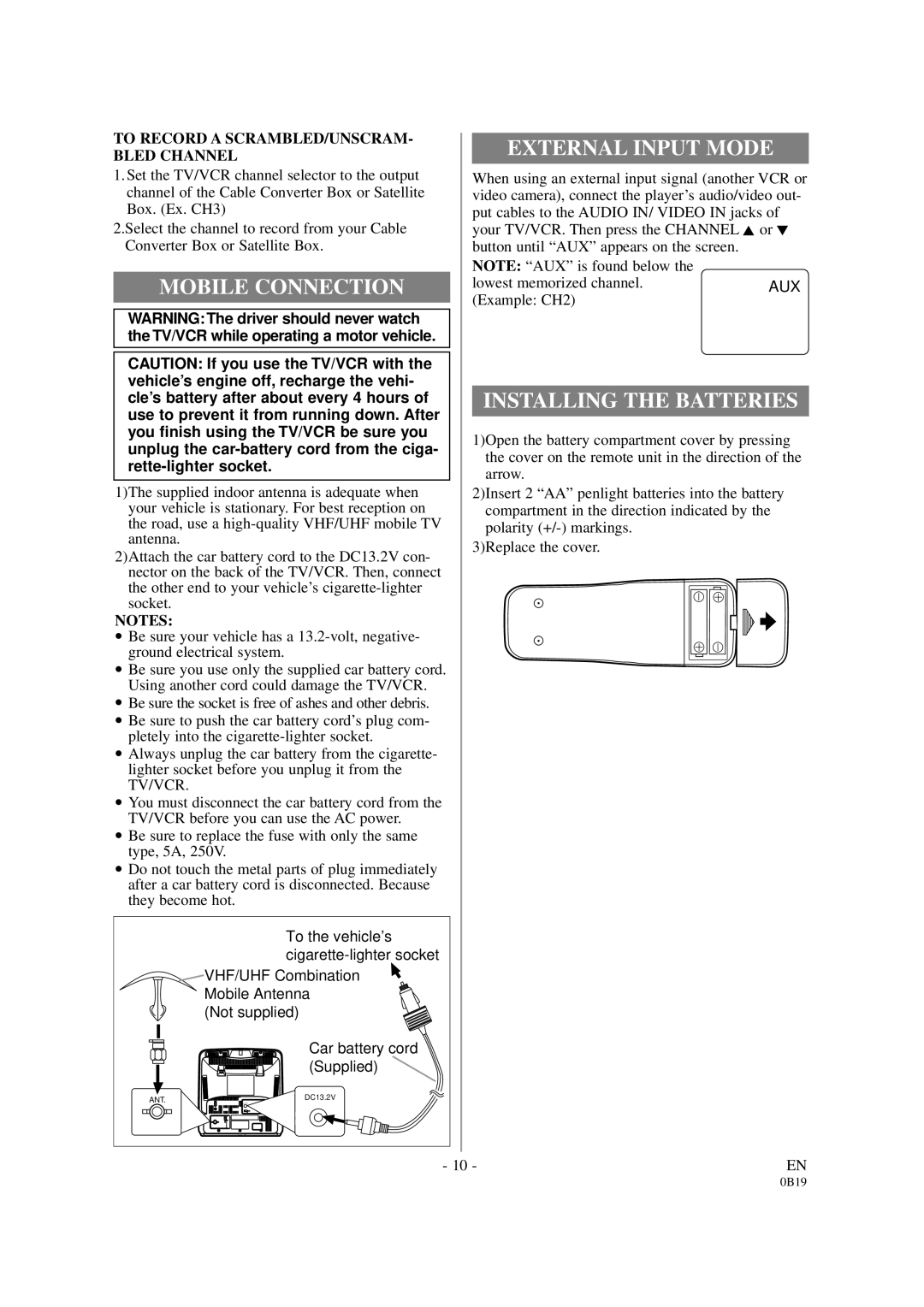 Sylvania D6313CB External Input Mode, Mobile Connection, Installing the Batteries, To Record a SCRAMBLED/UNSCRAM 