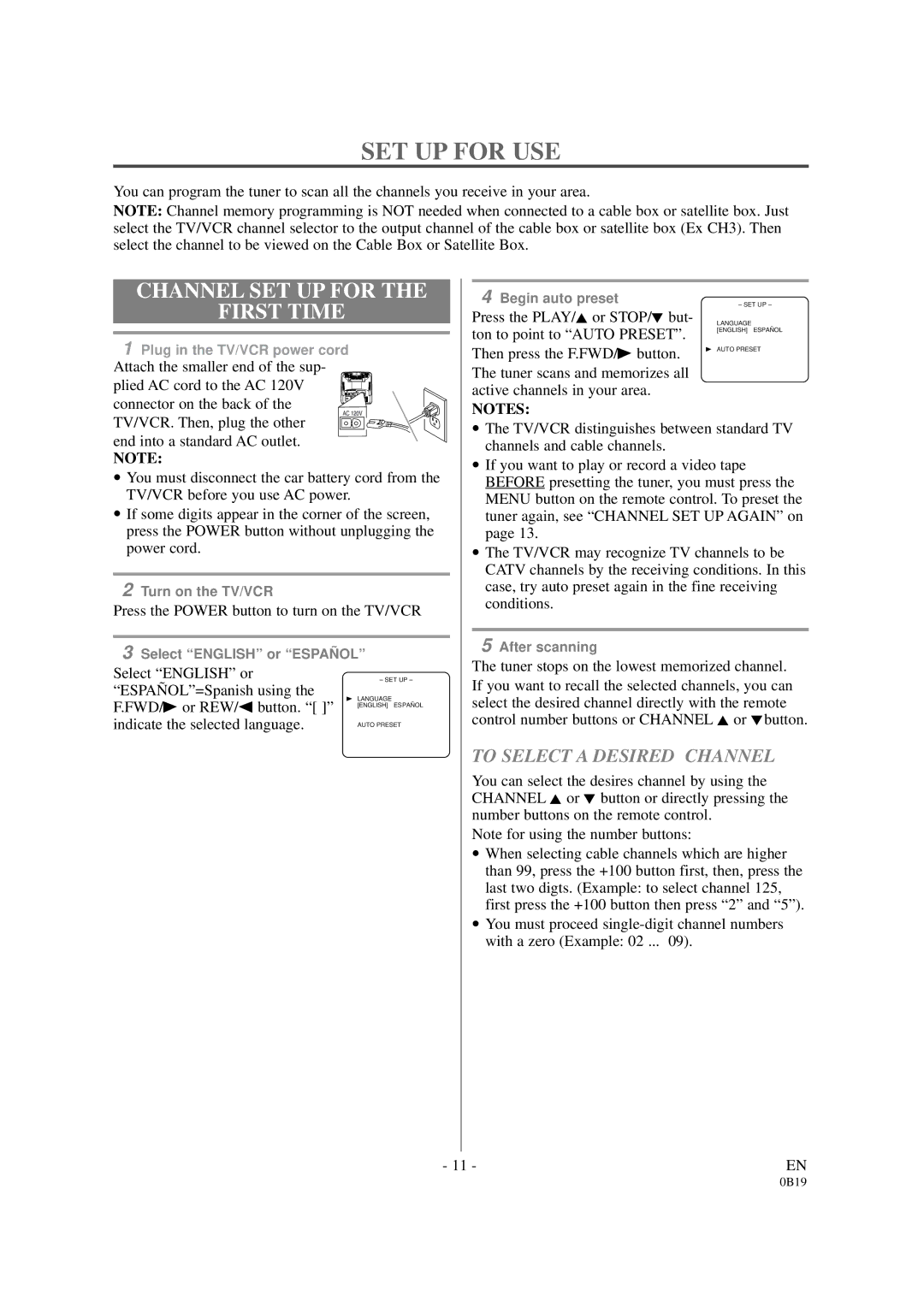 Sylvania D6313CB owner manual SET UP for USE, Channel SET UP for First Time, To Select a Desired Channel 