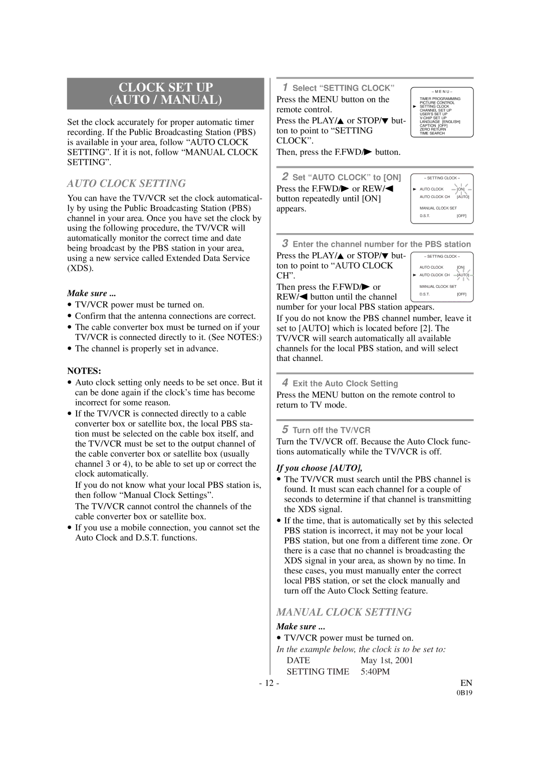 Sylvania D6313CB owner manual Clock SET UP, Auto / Manual, Auto Clock Setting 