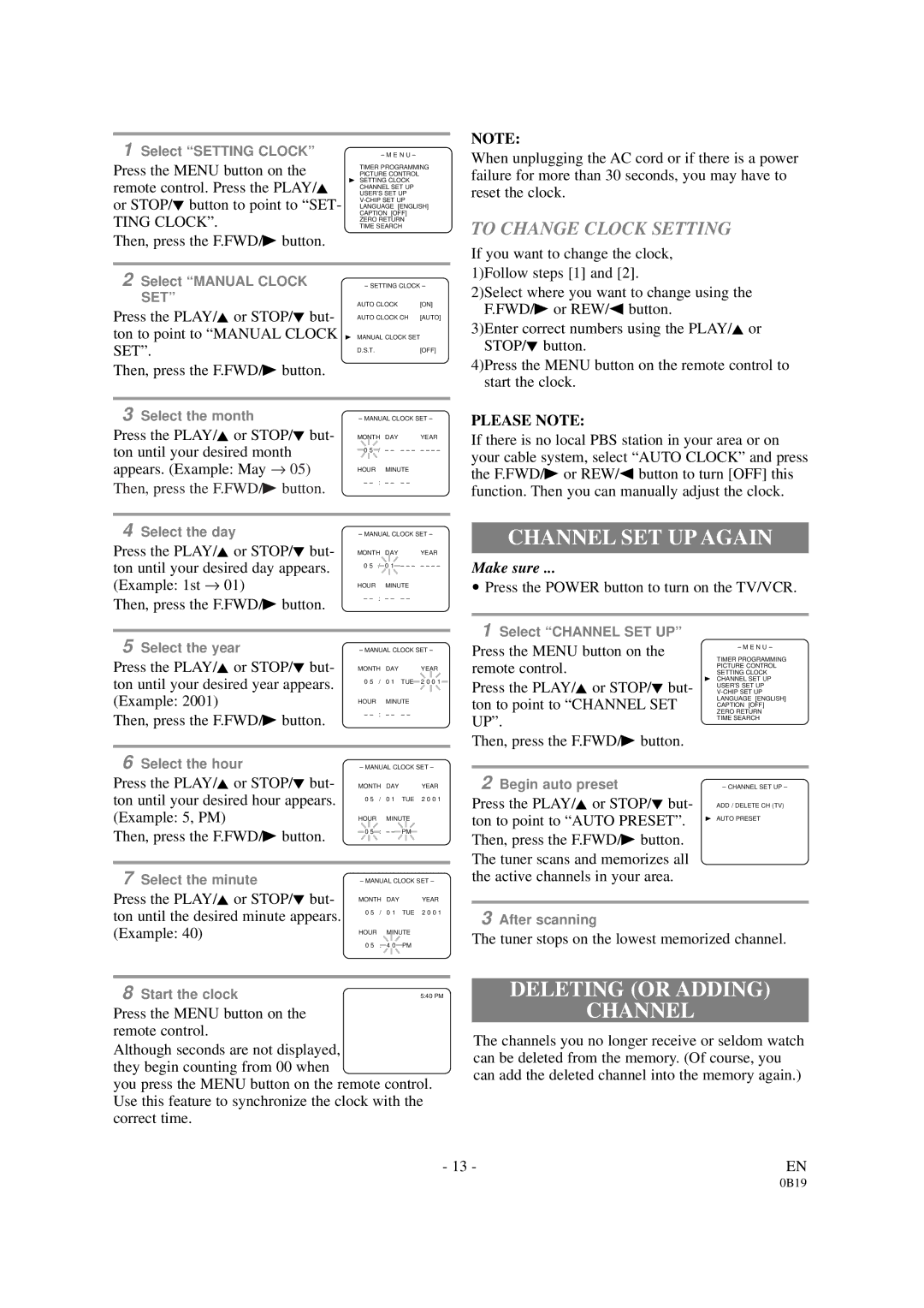 Sylvania D6313CB owner manual Channel SET UP Again, Deleting or Adding Channel, To Change Clock Setting, Please Note 