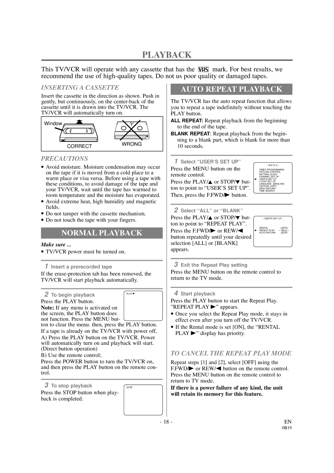 Sylvania D6313CB owner manual Normal Playback, Auto Repeat Playback 