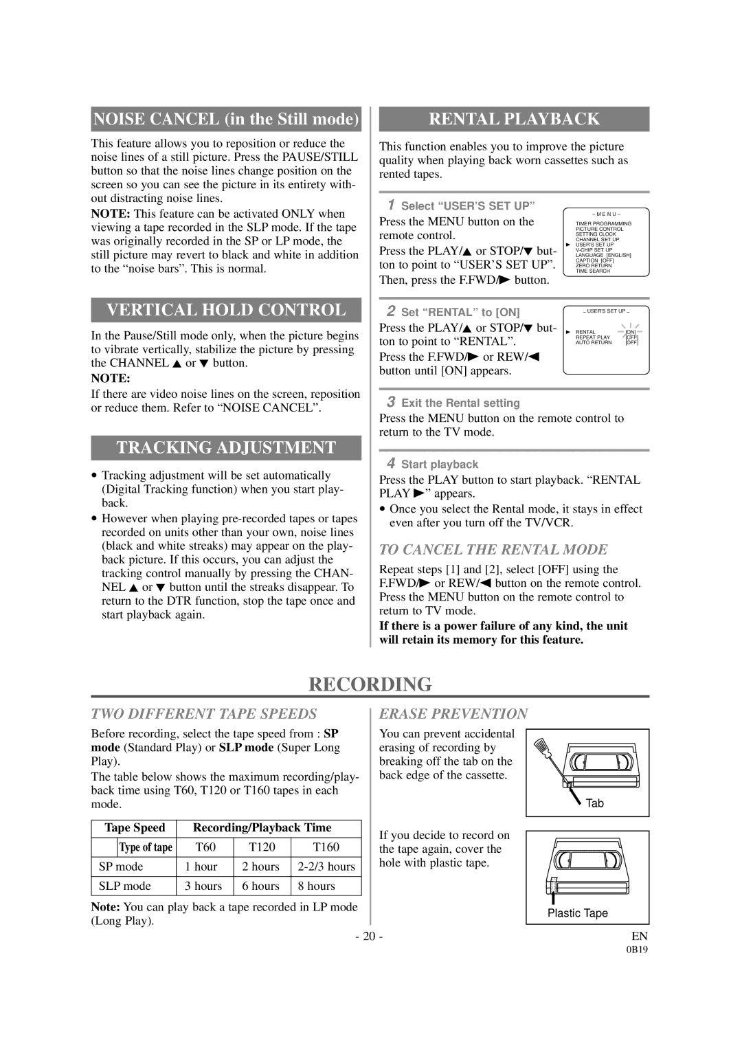 Sylvania D6313CB owner manual Recording, Vertical Hold Control, Tracking Adjustment, Rental Playback 