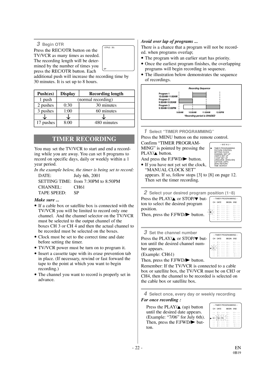 Sylvania D6313CB owner manual Timer Recording, Channel CH61 Tape Speed SP, Manual Clock SET 