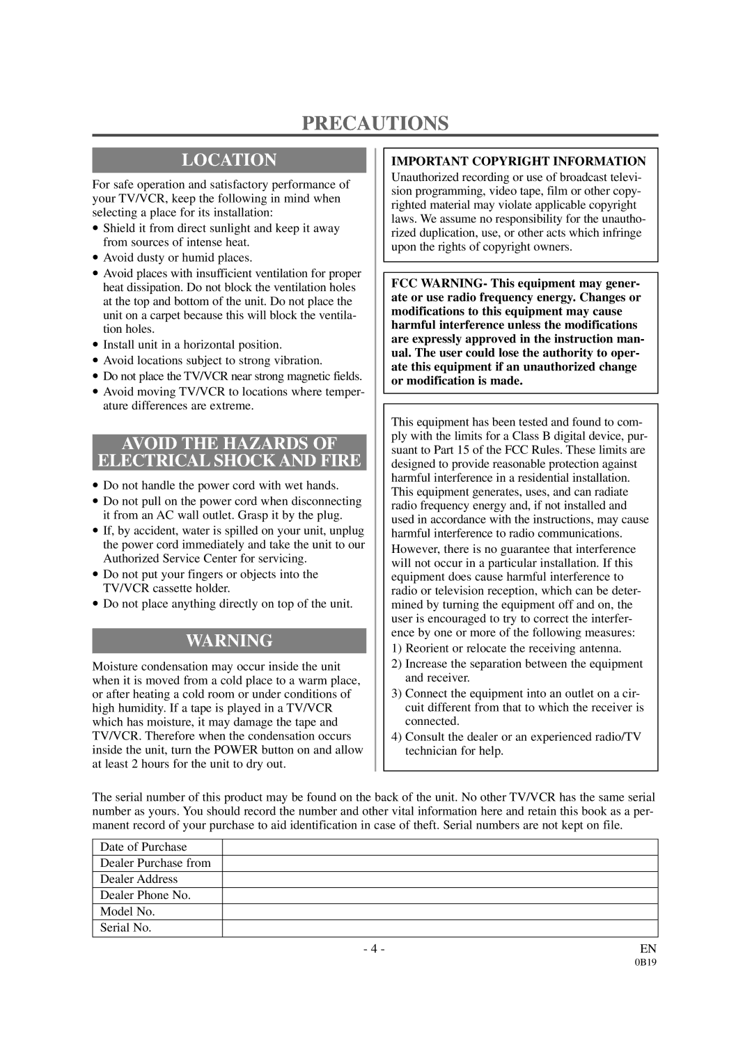 Sylvania D6313CB Precautions, Location, Avoid the Hazards Electrical Shock and Fire, Important Copyright Information 