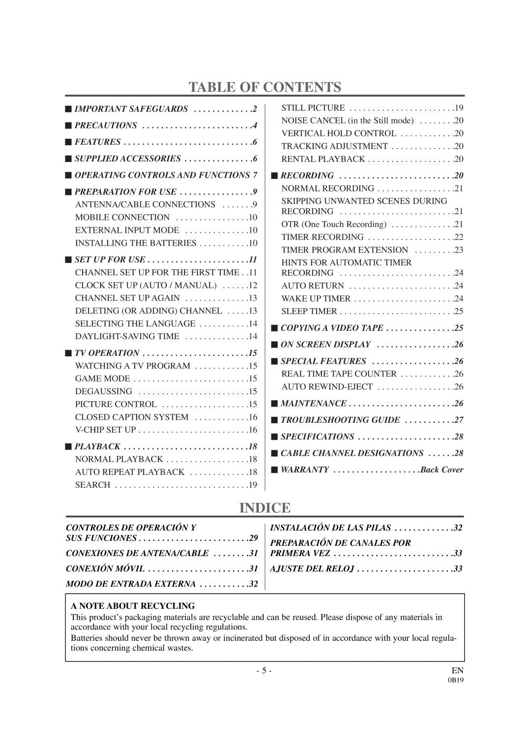 Sylvania D6313CB owner manual Table of Contents, Indice 