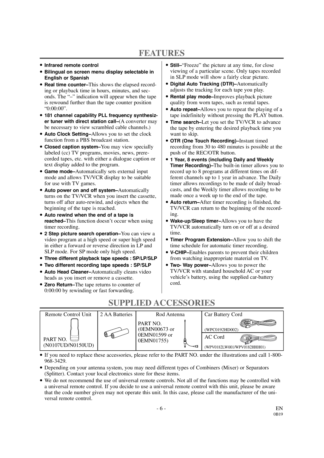 Sylvania D6313CB owner manual Features, Supplied Accessories 