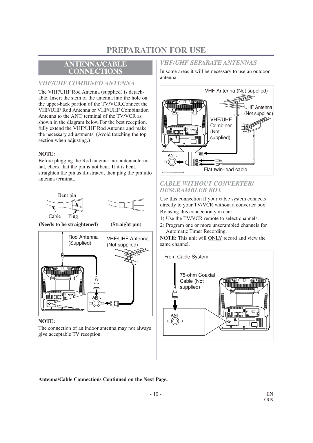 Sylvania D6313CCB Preparation for USE, ANTENNA/CABLE Connections, VHF/UHF Combined Antenna, VHF/UHF Separate Antennas 