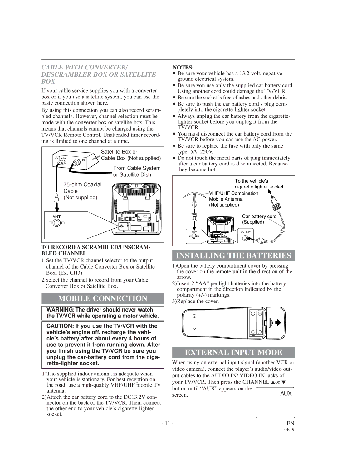 Sylvania D6313CCB owner manual Mobile Connection, Installing the Batteries, External Input Mode 