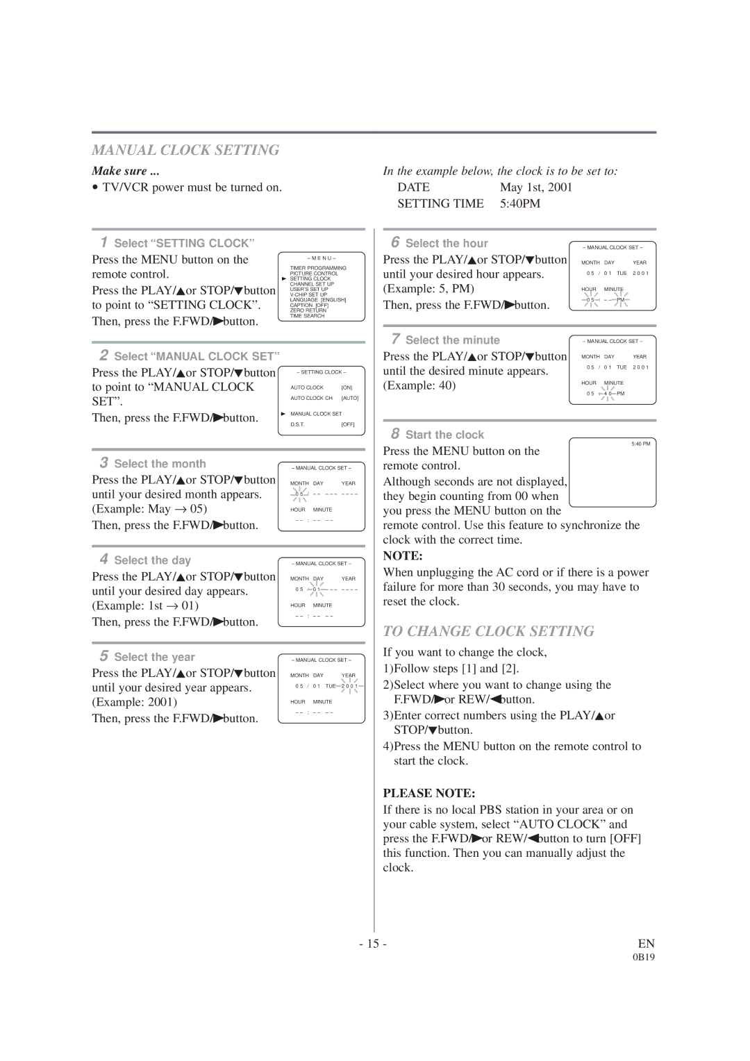 Sylvania D6313CCB owner manual Manual Clock Setting, To Change Clock Setting, Please Note 