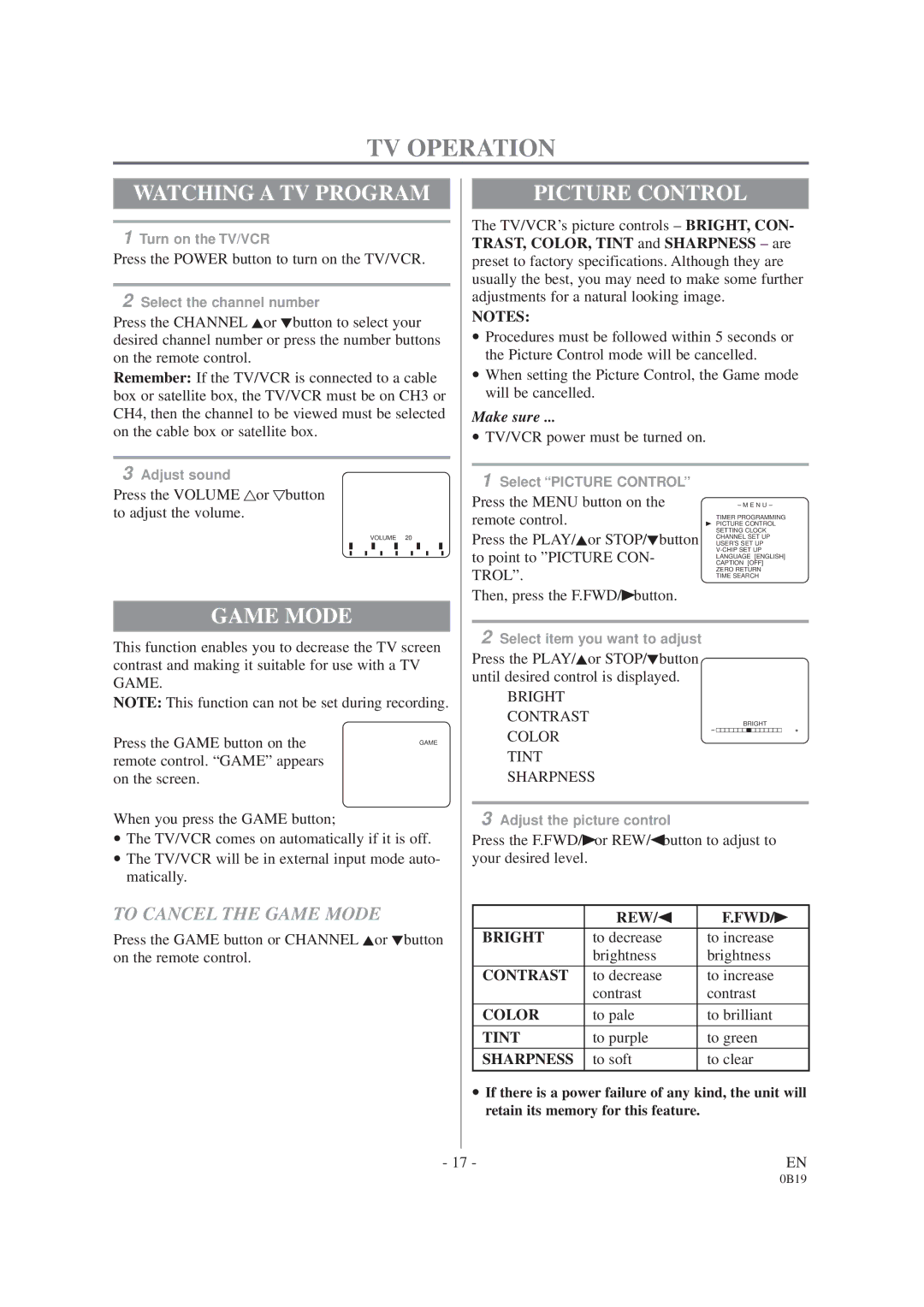 Sylvania D6313CCB owner manual TV Operation, Watching a TV Program, Picture Control, To Cancel the Game Mode 