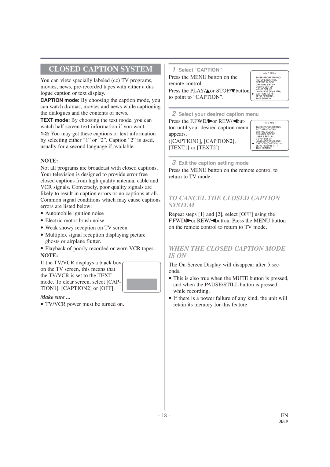 Sylvania D6313CCB To Cancel the Closed Caption System, When the Closed Caption Mode is on, CAPTION1, CAPTION2 