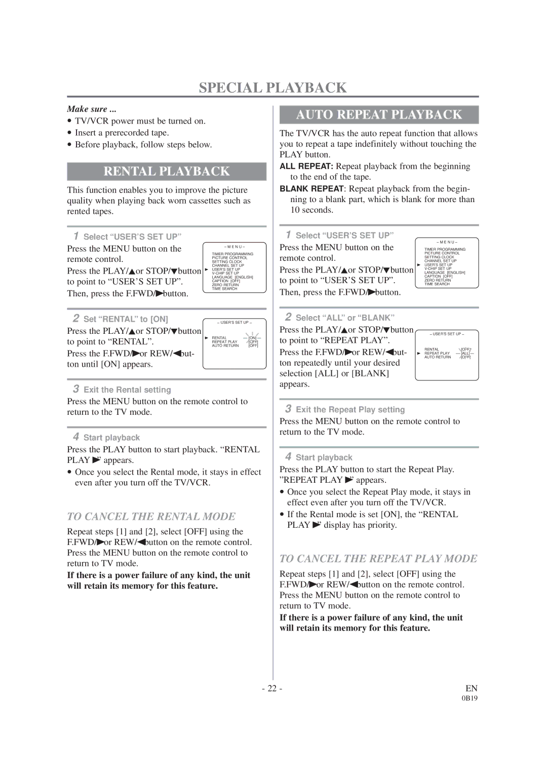 Sylvania D6313CCB owner manual Special Playback, Rental Playback, Auto Repeat Playback, To Cancel the Rental Mode 