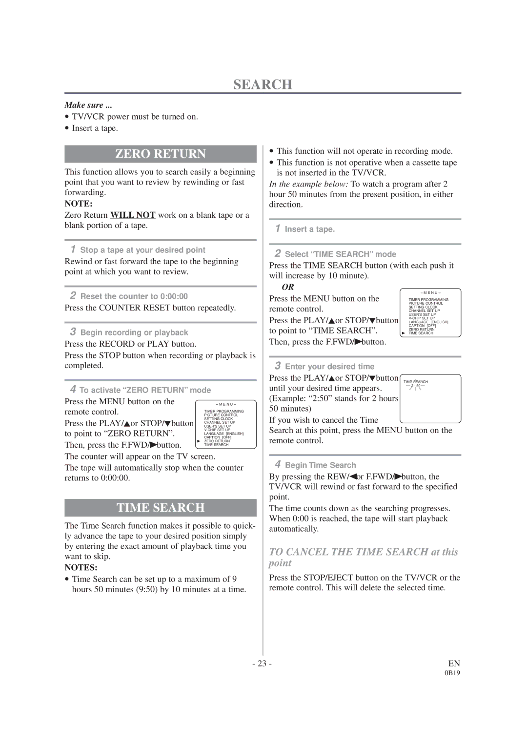 Sylvania D6313CCB owner manual Zero Return, Time Search 