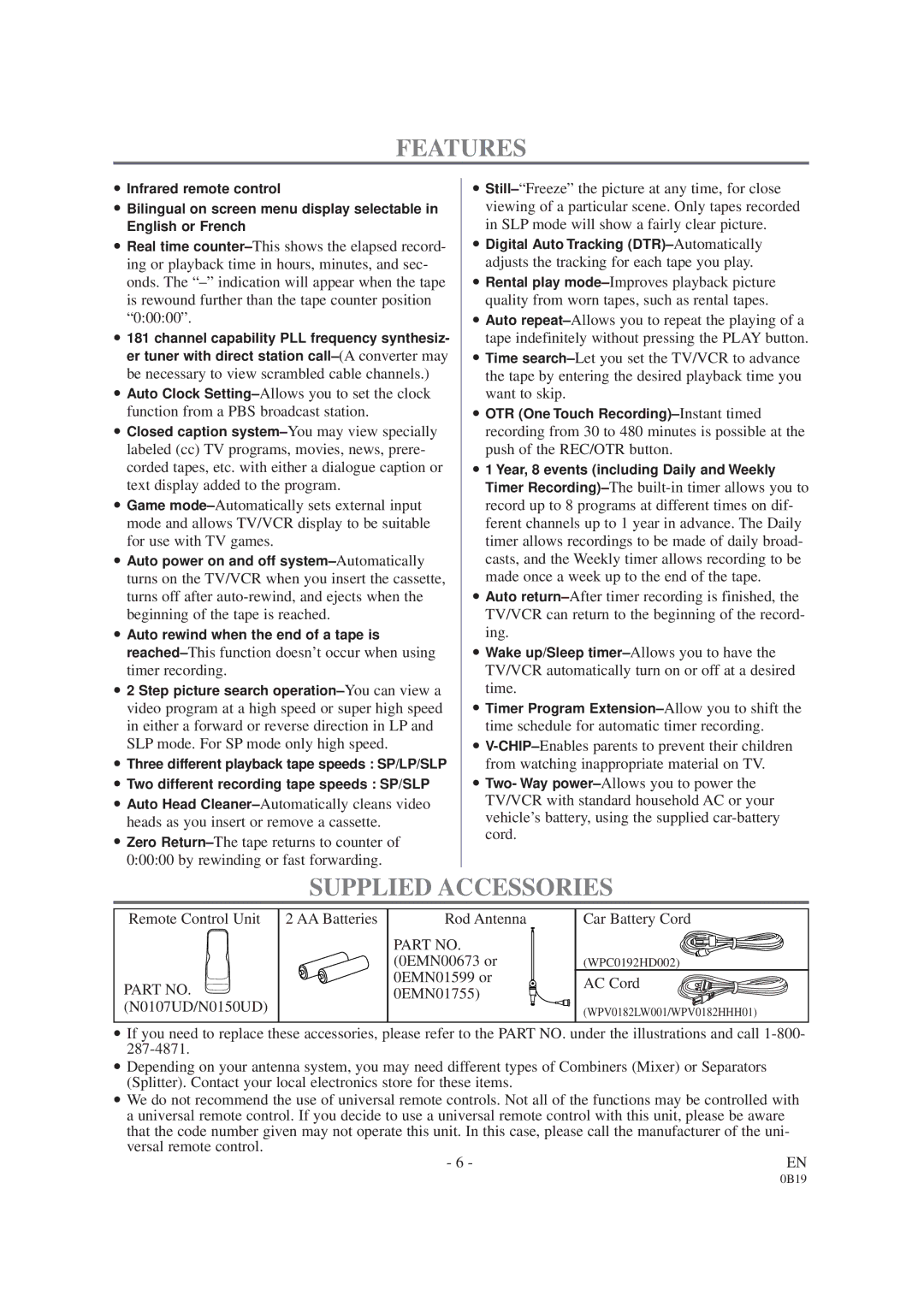 Sylvania D6313CCB owner manual Features, Supplied Accessories 