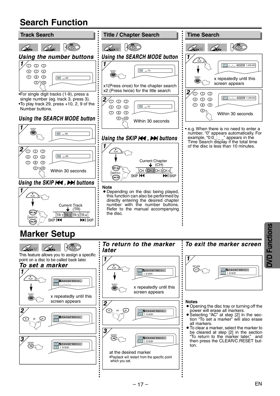 Sylvania dbc840e owner manual Search Function, Marker Setup 