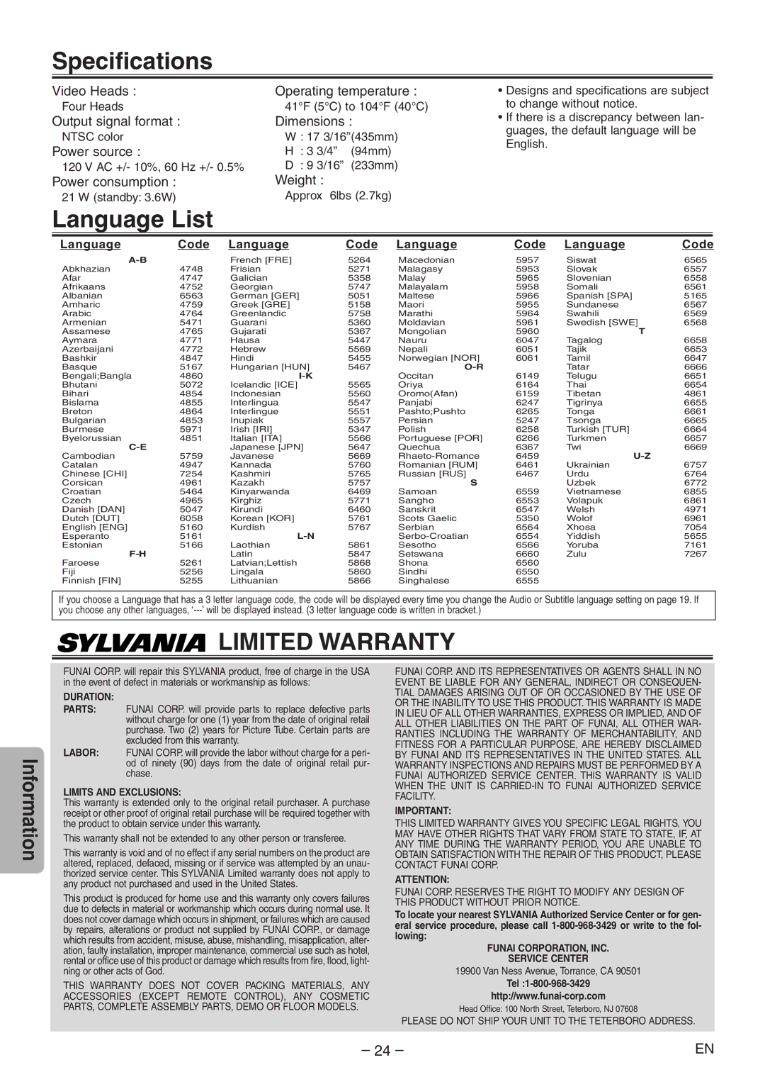 Sylvania dbc840e owner manual Specifications, Language List 