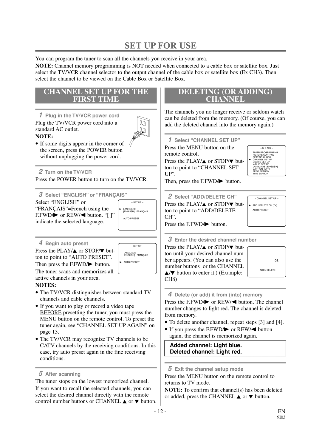 Sylvania DCC1903 owner manual SET UP for USE, Channel SET UP for First Time, Deleting or Adding Channel 