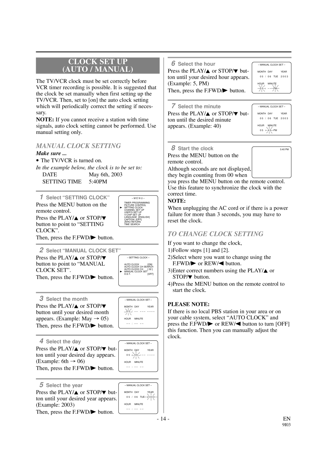 Sylvania DCC1903 owner manual Clock SET UP, Auto / Manual, Manual Clock Setting, To Change Clock Setting, Please Note 