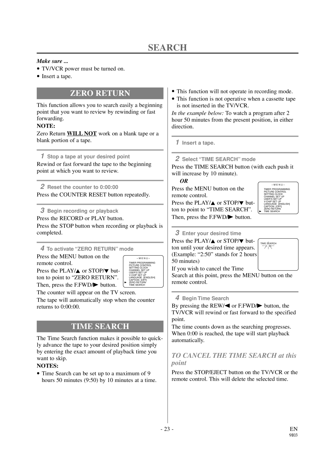 Sylvania DCC1903 owner manual Zero Return, Time Search 